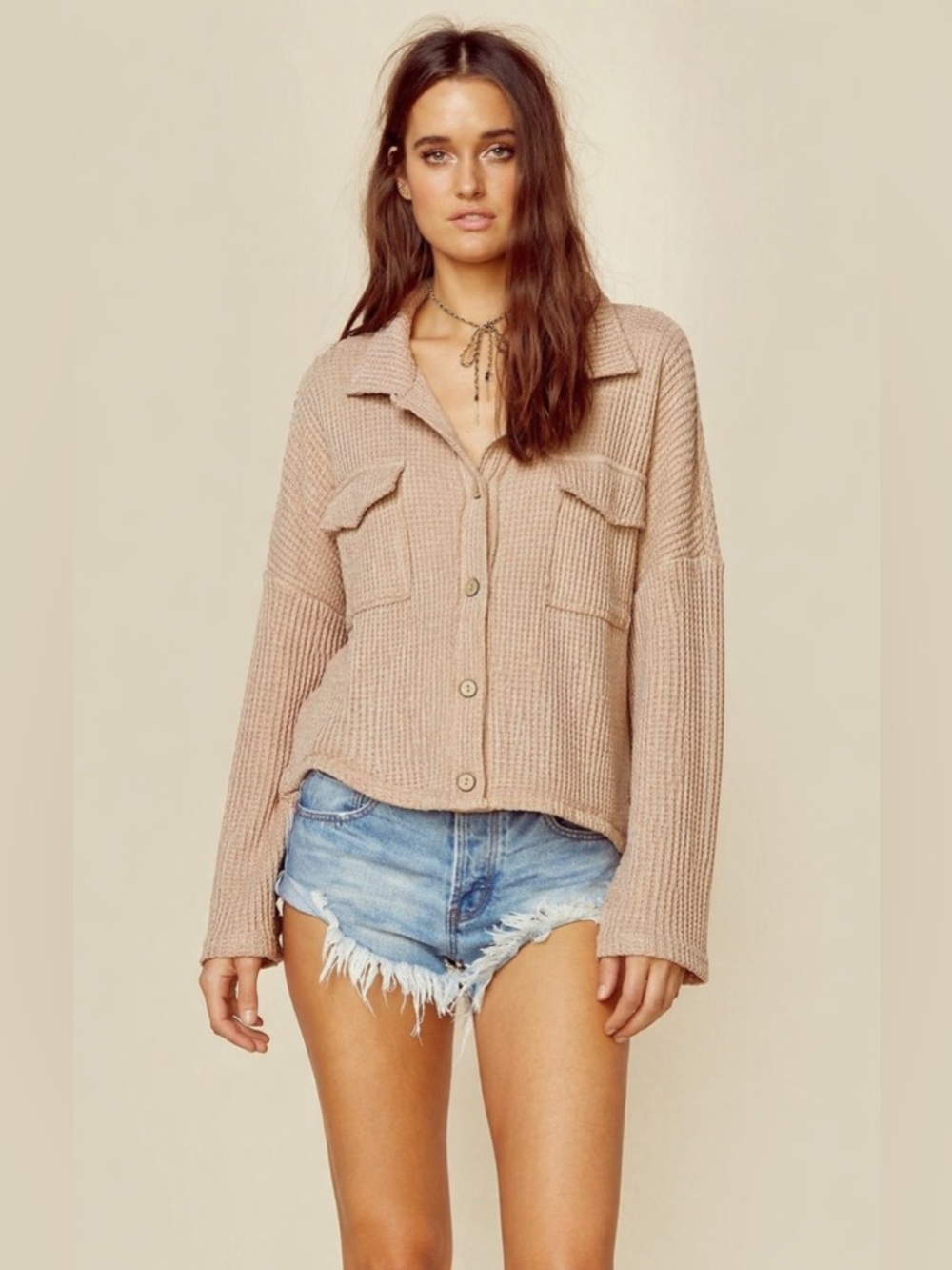 Magnolia Longsleeve Button-Down Waffle Shirt Oversized Nude Beige Medium